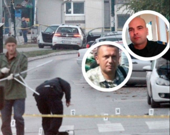 Mjesto ubojstva sarajevskih policajaca Adisa Šehovića i Davora Vujinovića 2018. godine, uz njihove fotografije.